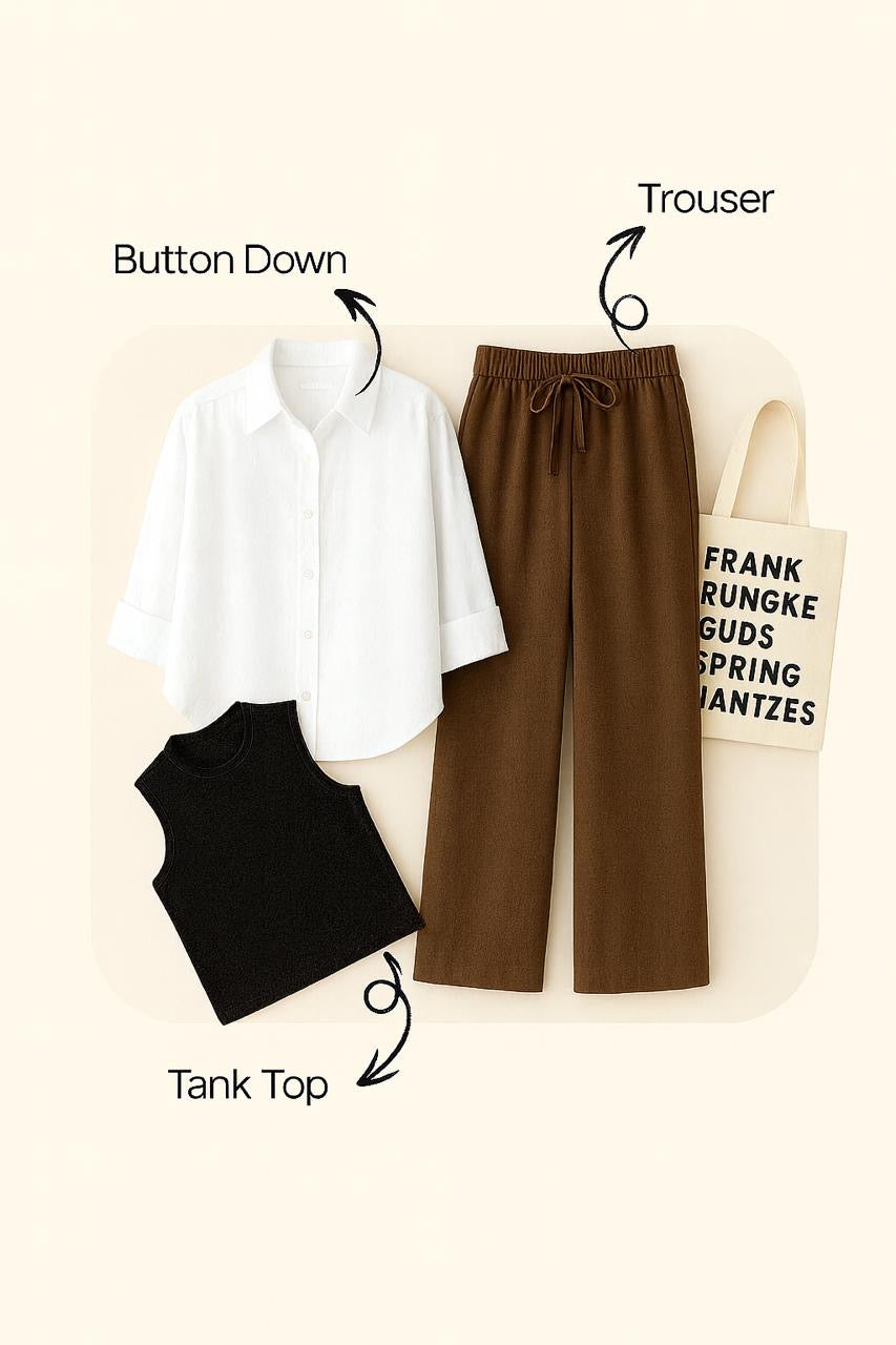 WHITE BUTTON SHIRT WITH BROWN FLAPPER AND BLACK TANK TOP