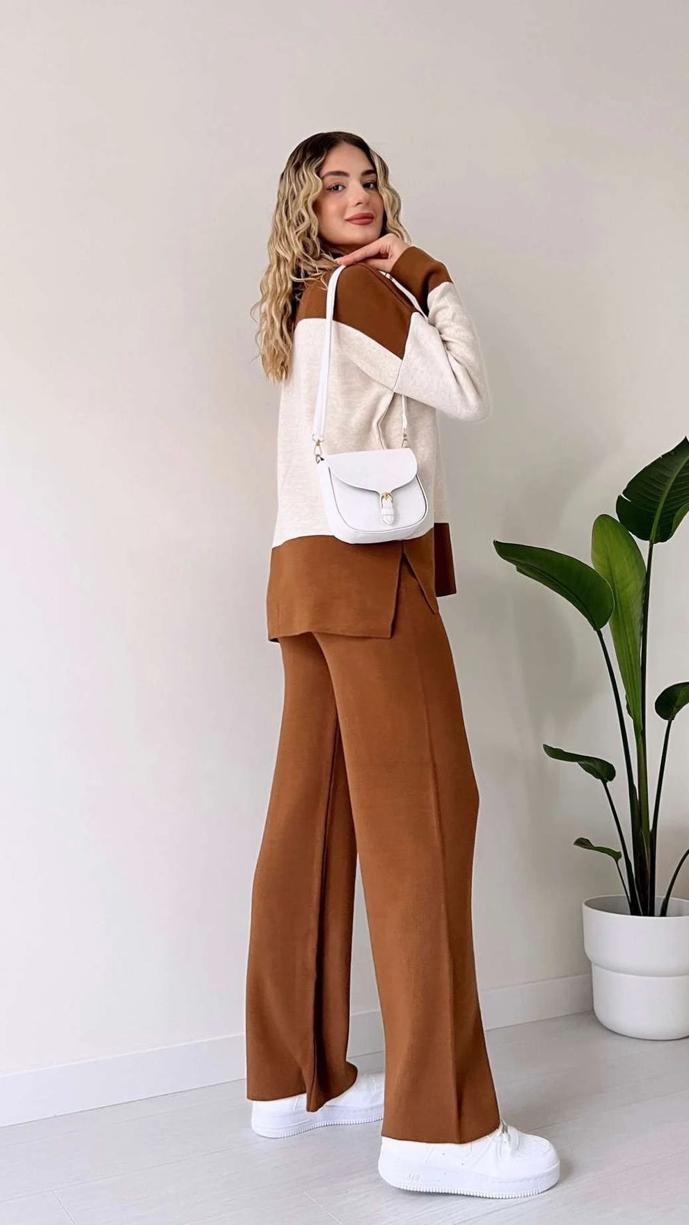 BROWN PANEL RIB KNIT CO ORD SET