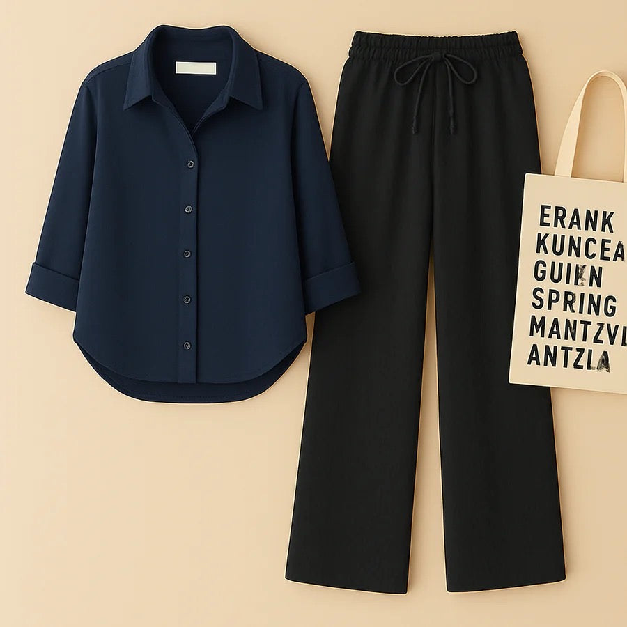 NAVY BLUE BUTTON SHIRT WITH BLACK FLAPPER