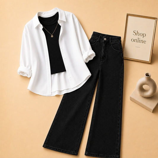 WHITE BUTTON DOWN SHIRT WITH BLACK TANKTOP AND BLACK WIDE LEG JEANS