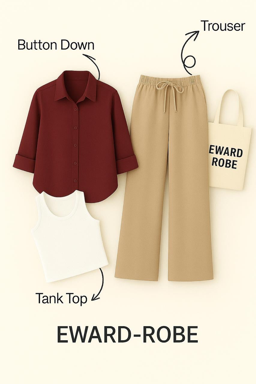 MAROON BUTTON SHIRT WITH BEIGE FLAPPER AND WHITE TANK TOP