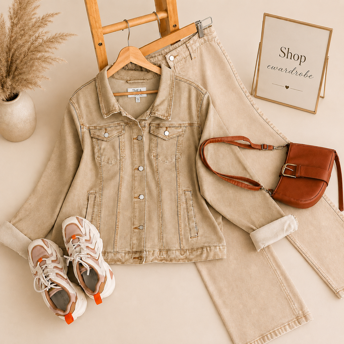 Beige Denim Jacket With Beige Wide Leg Jeans
