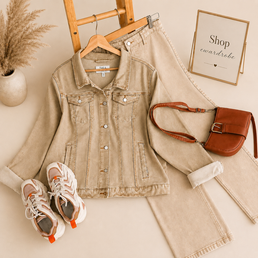 BEIGE DENIM JACKET WITH BEIGE WIDE LEG JEANS