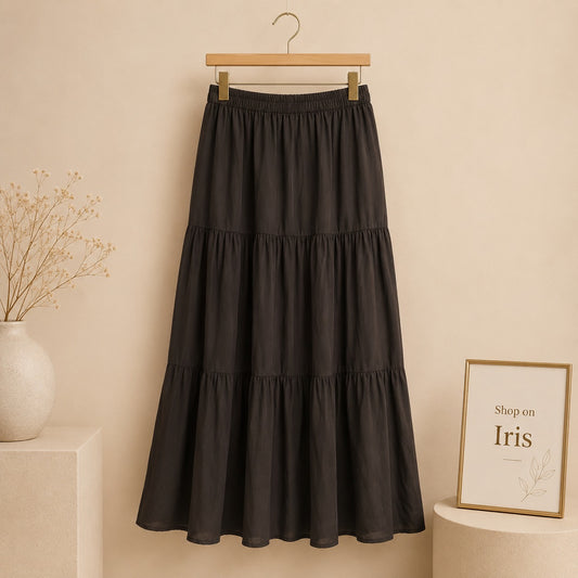 BLACK 3TIER TWILL LONG SKIRT