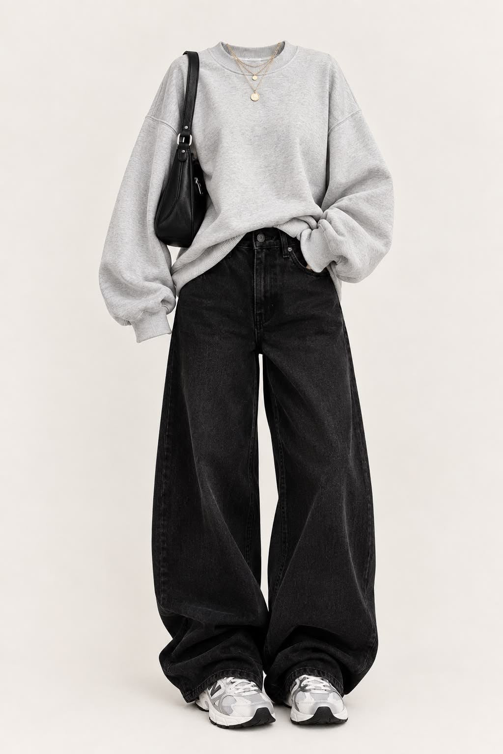 Grey Sweatshirt with Vintage Black Wide Leg Jeans