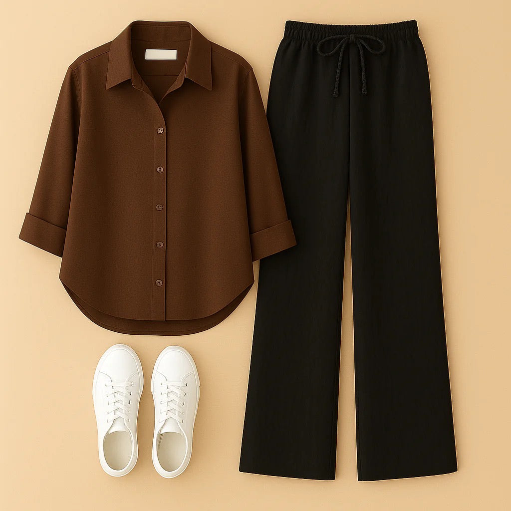 BROWN BUTTON SHIRT WITH BLACK FLAPPER