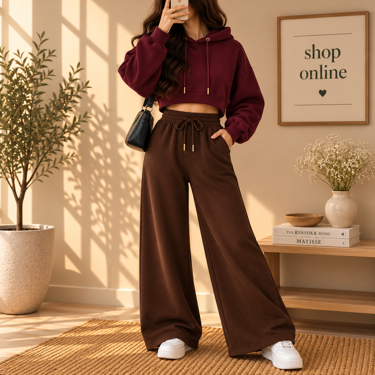 Basic Maroon Crop Hoodie With Brown Flapper