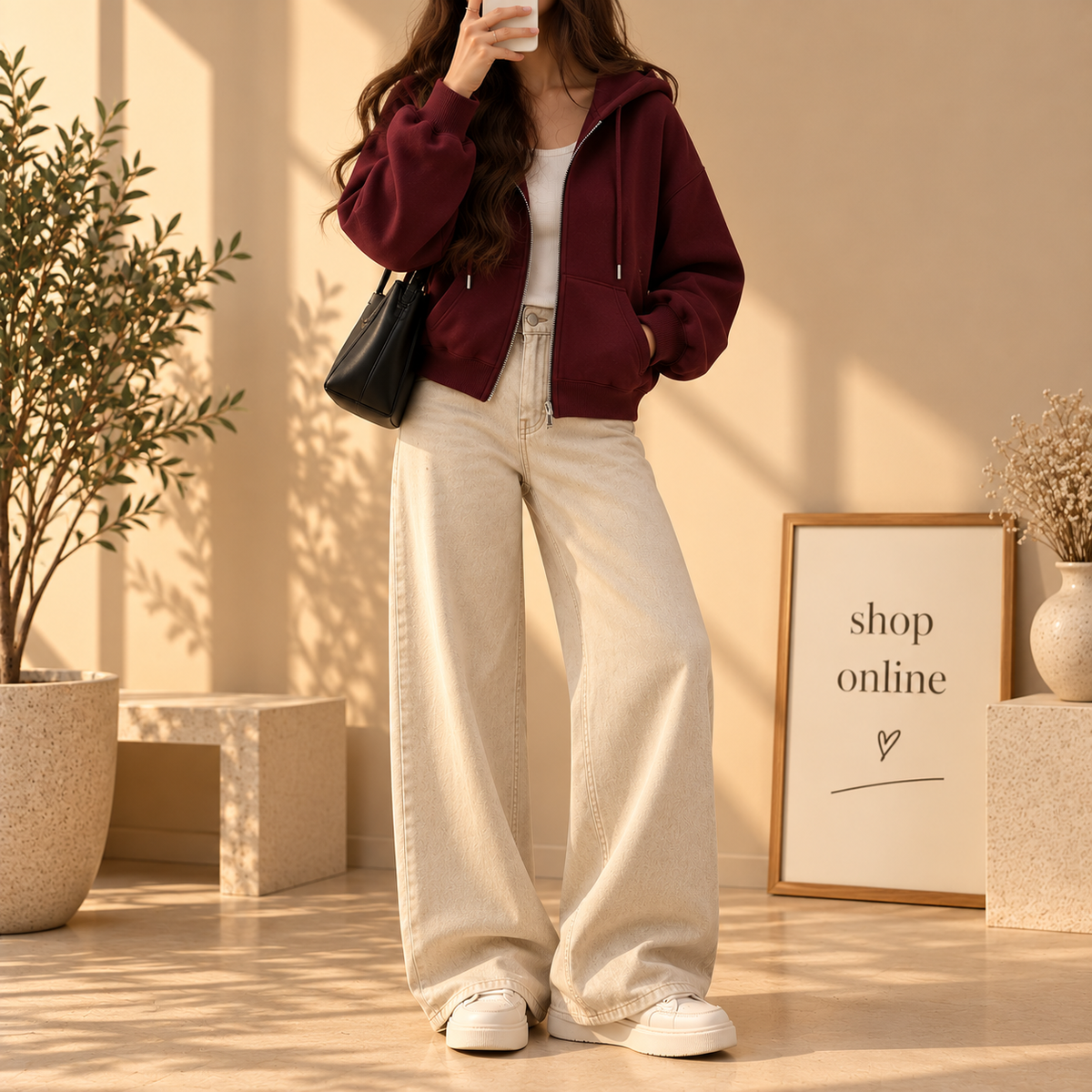 Basic Maroon Zipper Hoodie With Beige Wide Leg Jeans