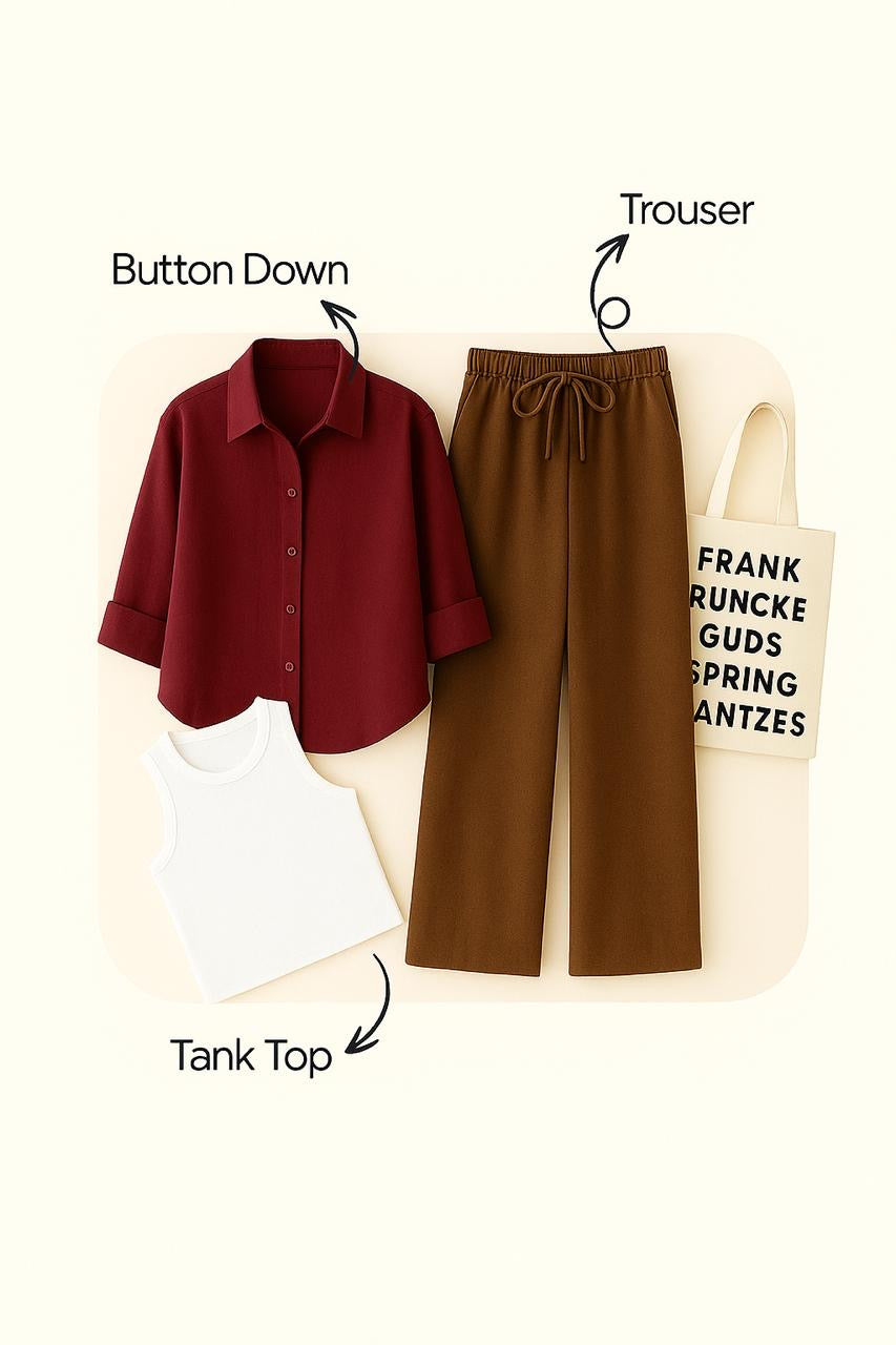 MAROON BUTTON SHIRT WITH BROWN FLAPPER AND WHITE TANK TOP