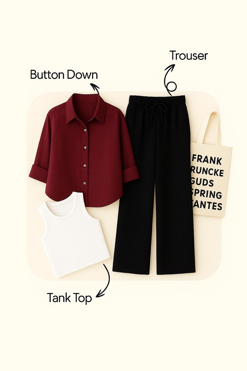 MAROON BUTTON SHIRT WITH BLACK FLAPPER AND WHITE TANK TOP