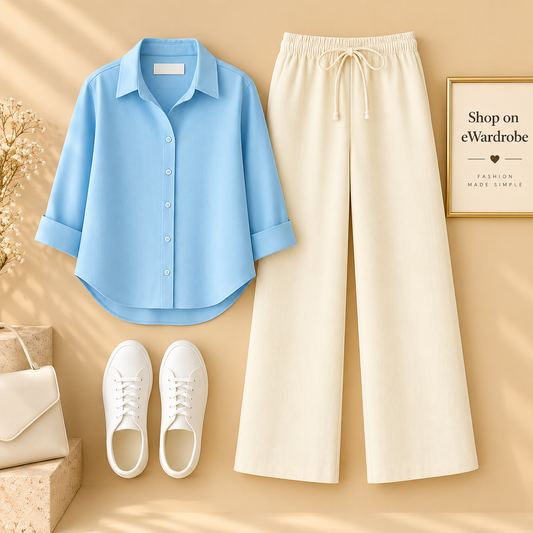 Sky Blue Button Down Shirt With Beige Flapper
