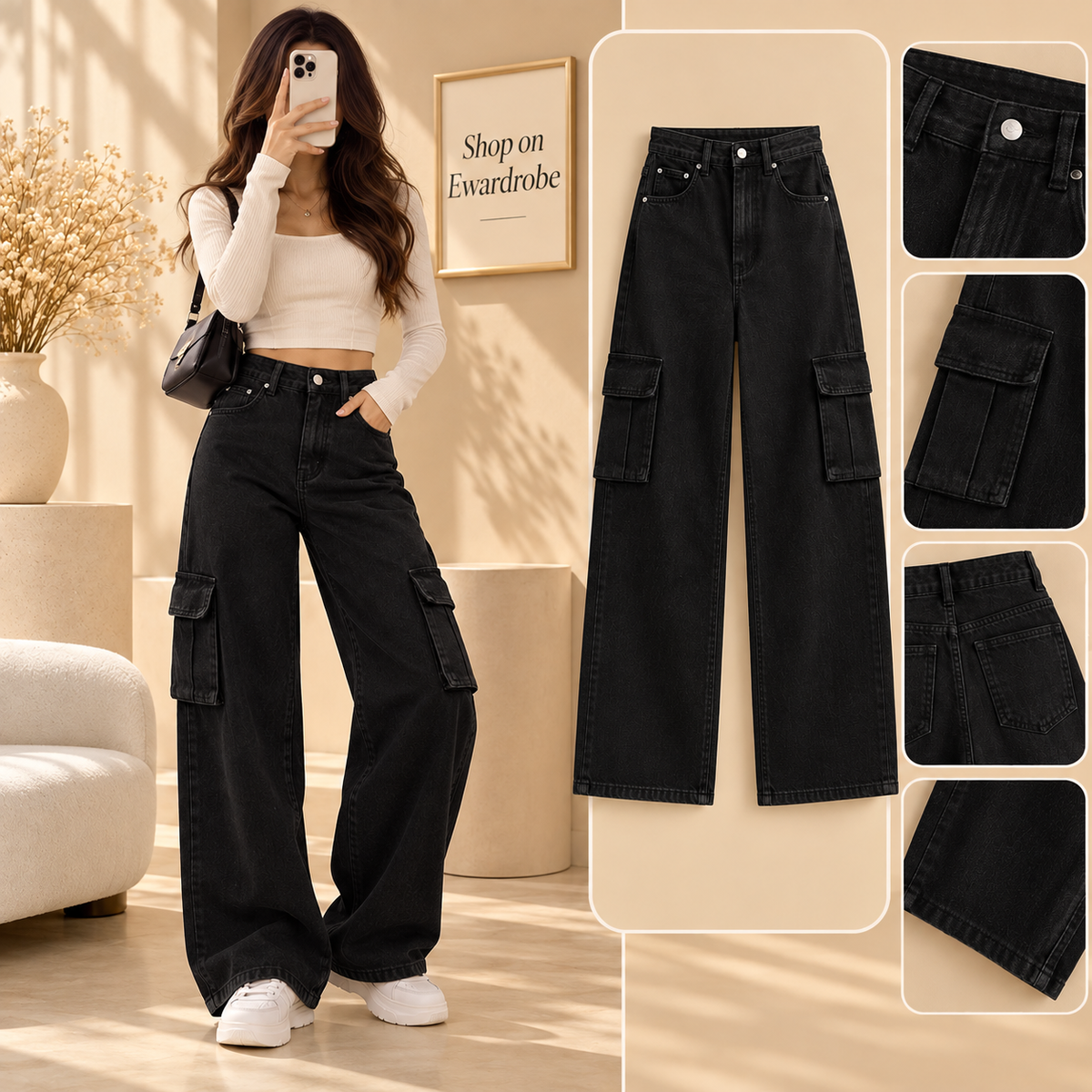 Black Cargo Wide Leg Jeans