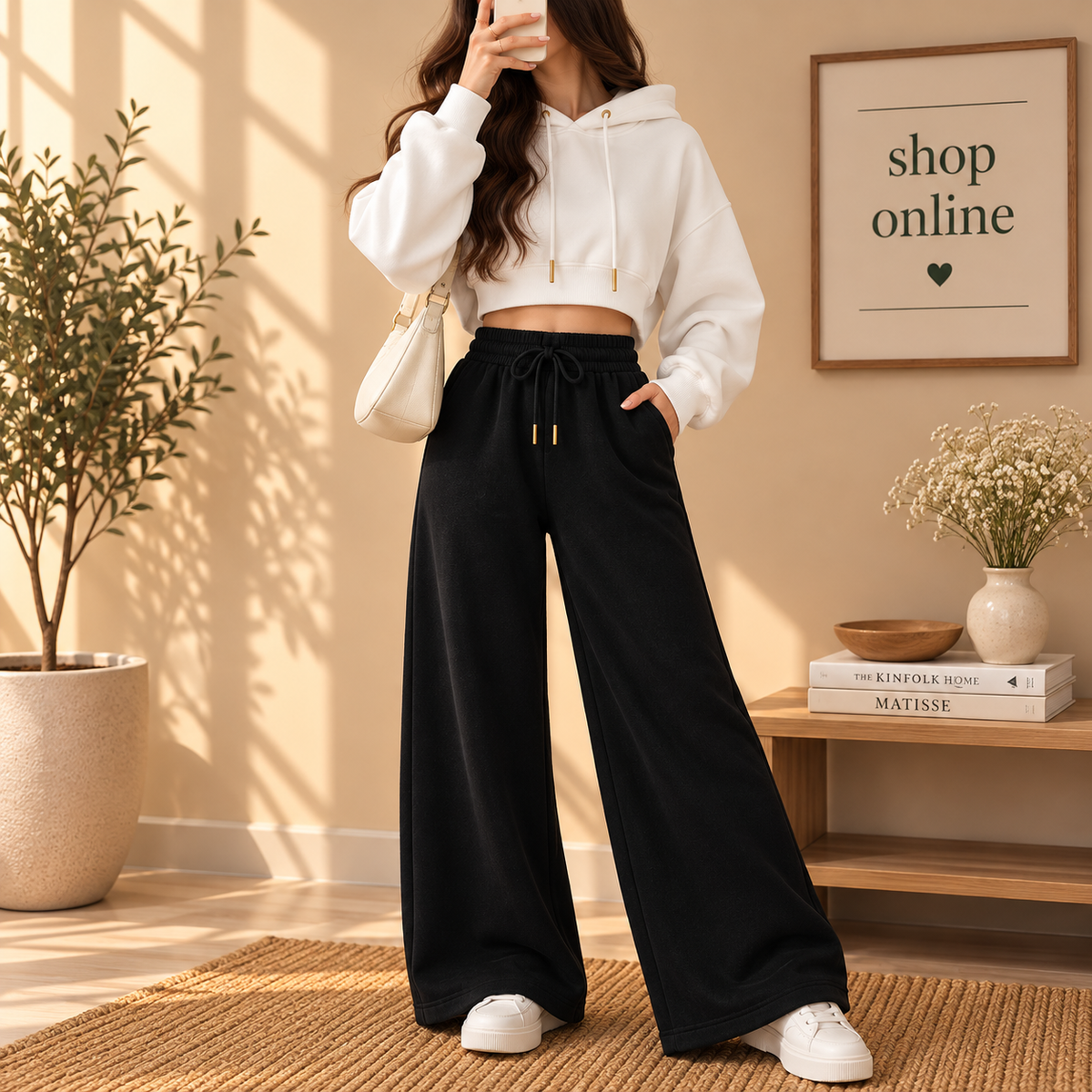 Basic White Crop Hoodie With Black Flapper
