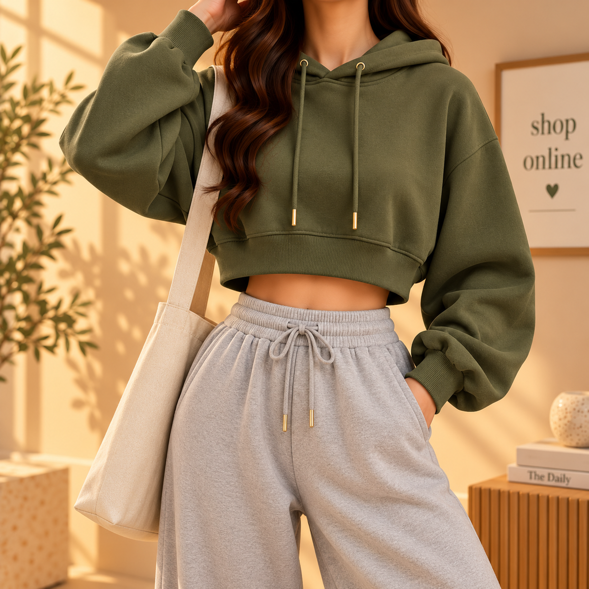 Basic Olive Green Crop Hoodie