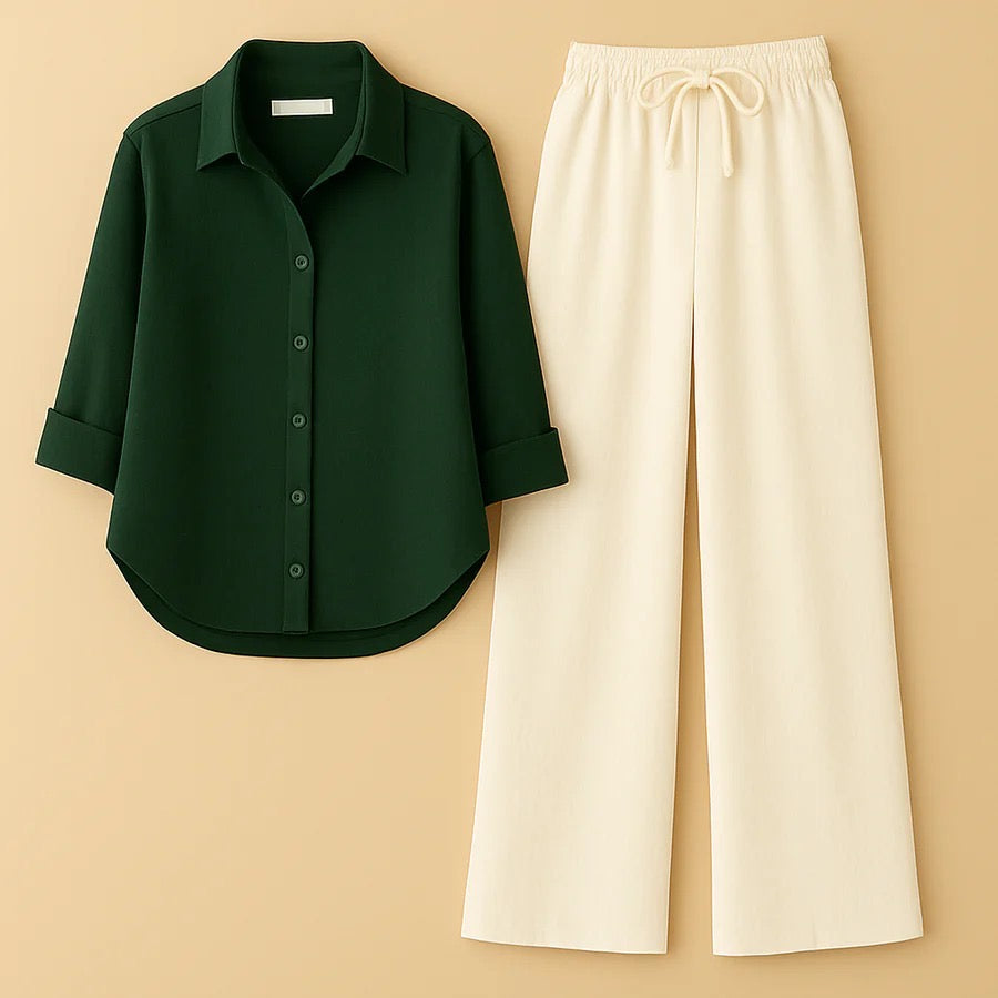 BOTTLE GREEN BUTTON SHIRT WITH BEIGE FLAPPER