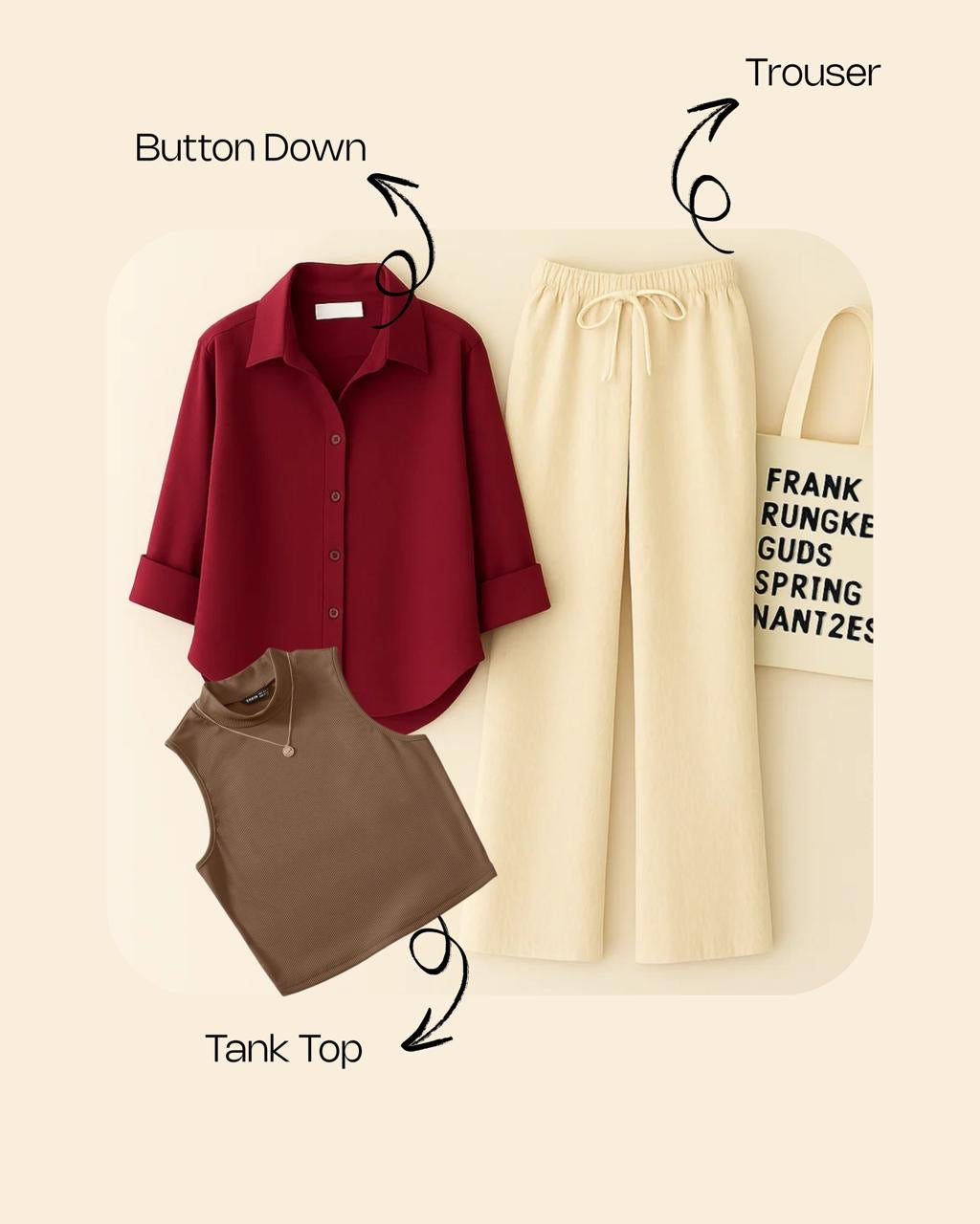 MAROON BUTTON SHIRT WITH BEIGE FLAPPER AND BROWN TANK TOP