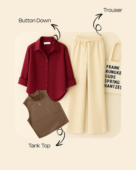 MAROON BUTTON SHIRT WITH BEIGE FLAPPER AND BROWN TANK TOP