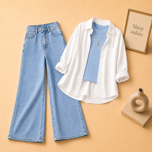 WHITE BUTTON DOWN SHIRT WITH SKY BLUE TANKTOP AND ICE BLUE WIDE LEG JEANS