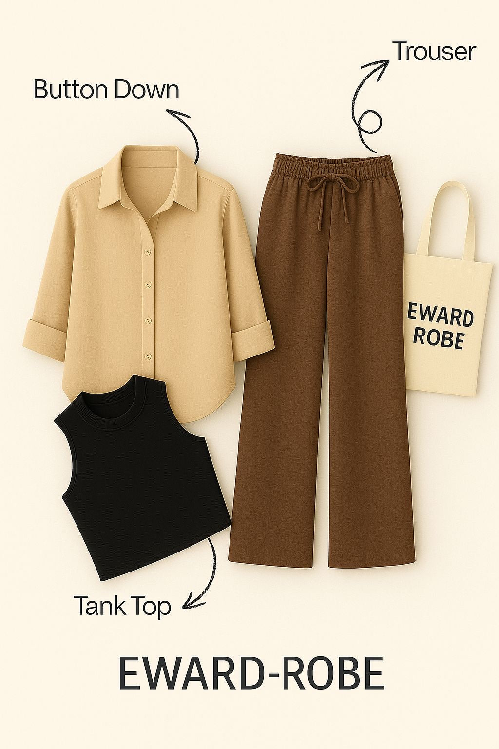BEIGE BUTTON SHIRT WITH BROWN FLAPPER AND BLACK TANK TOP