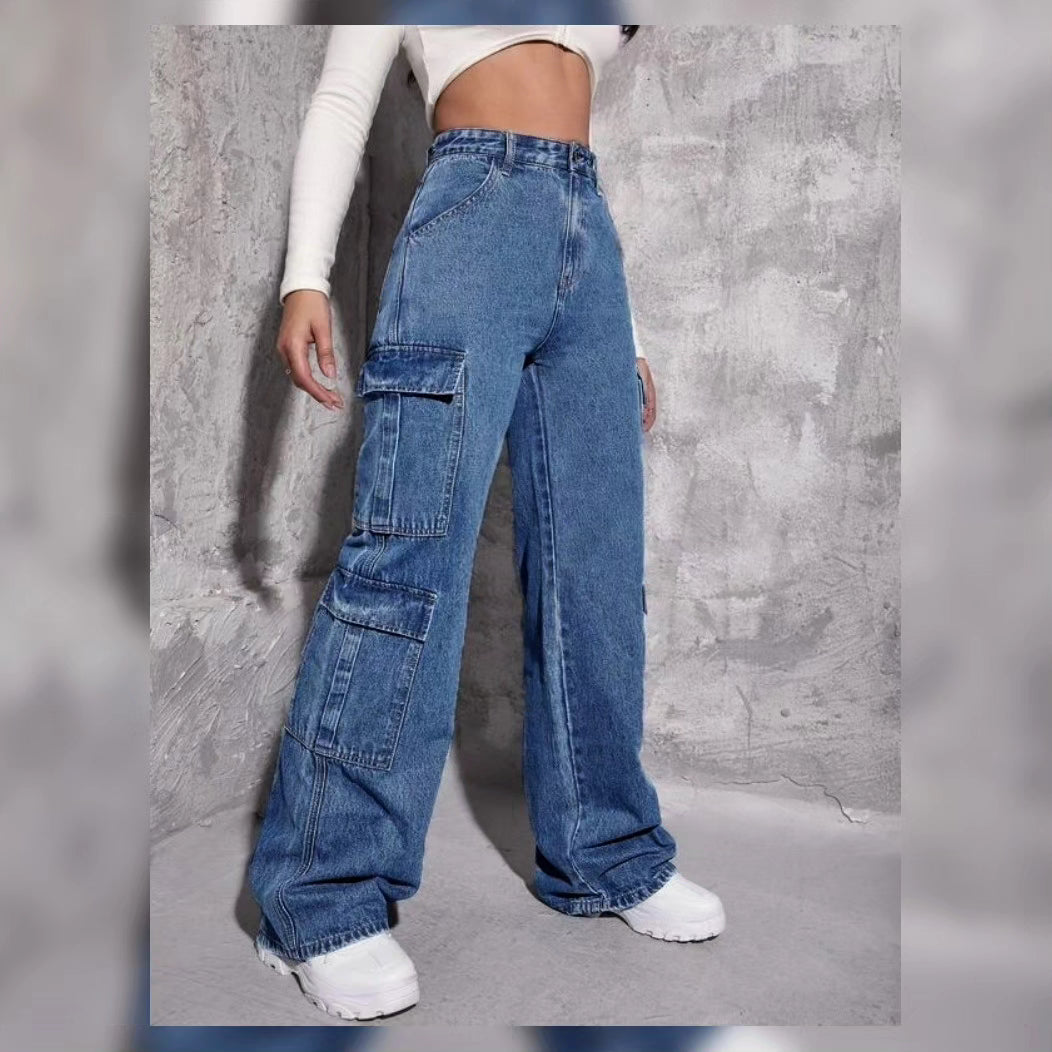 MID BLUE CARGO WIDE LEG JEANS