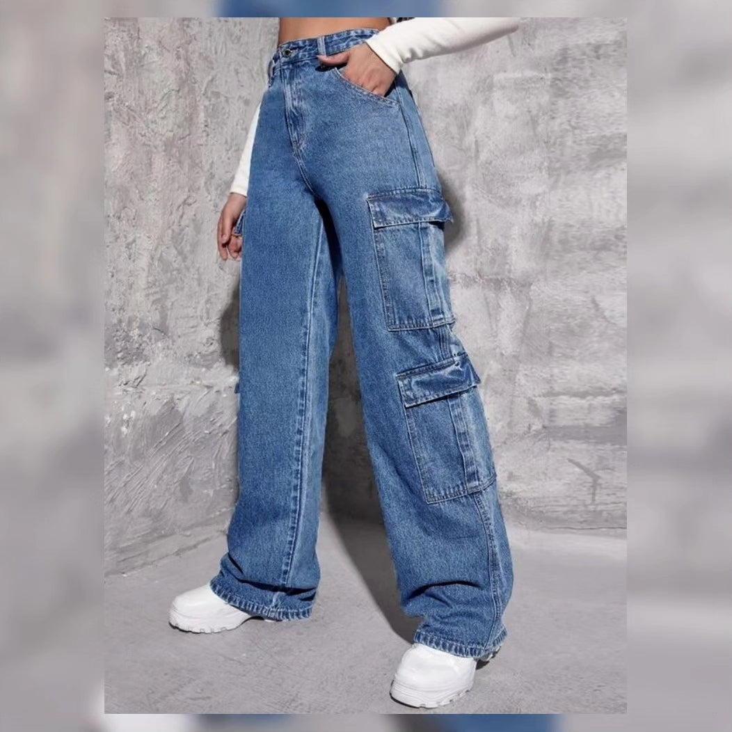 MID BLUE CARGO WIDE LEG JEANS