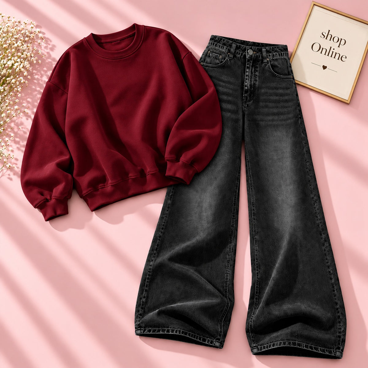Maroon Sweatshirt With Black Vintage Faded Jeans