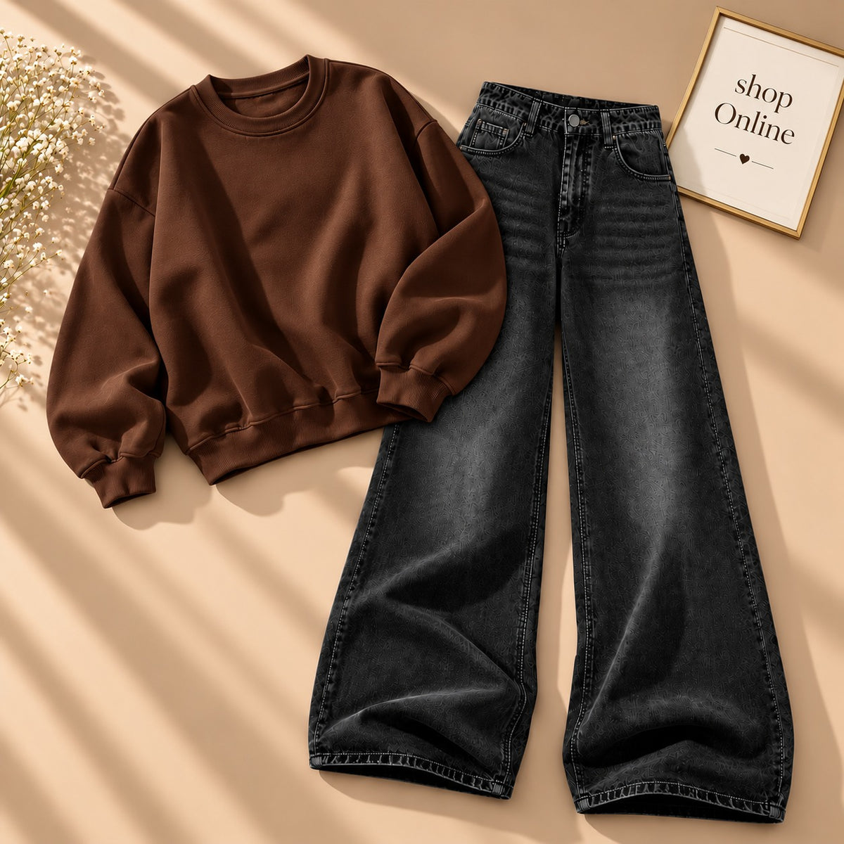 Brown Sweatshirt With Black Vintage Faded Jeans