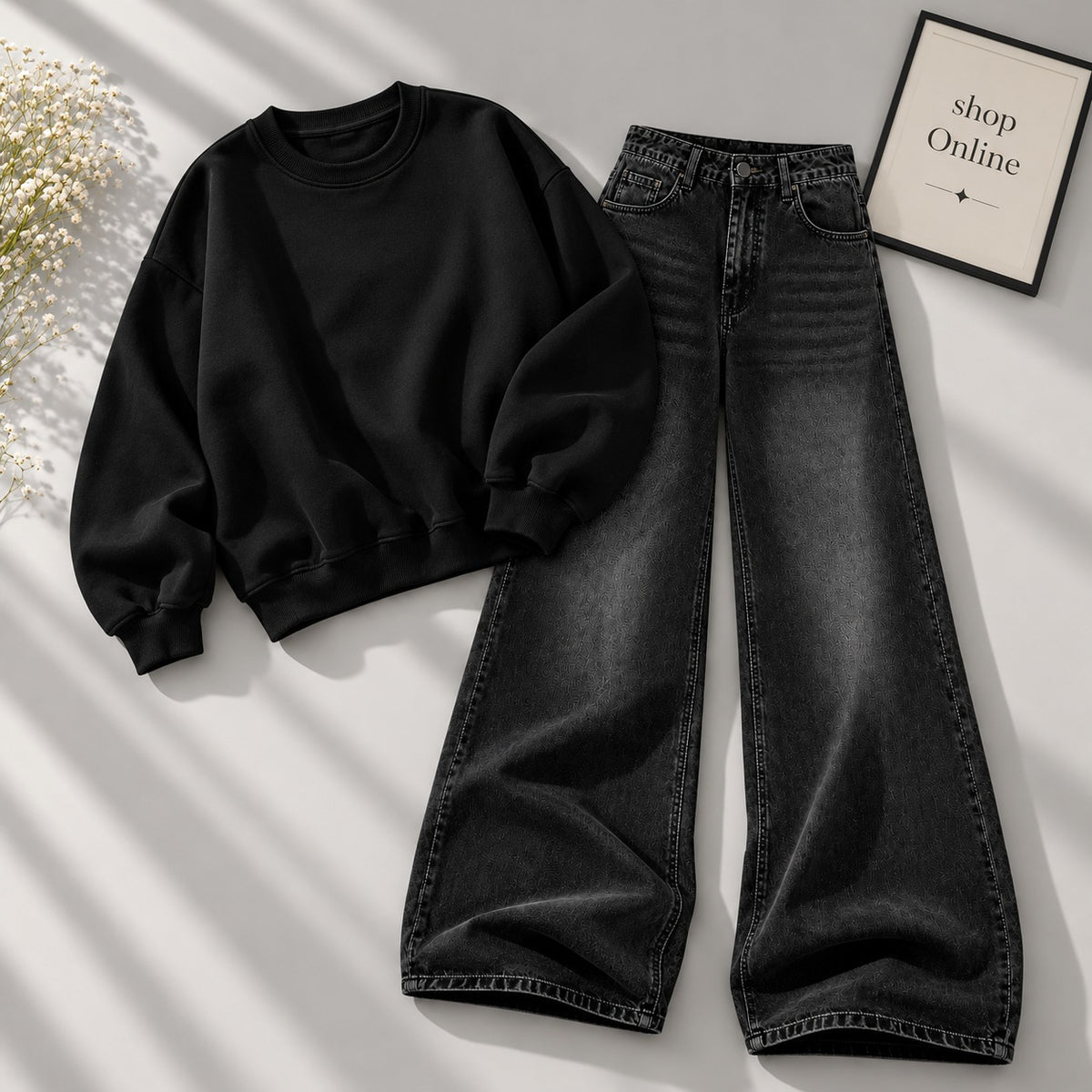 Black Sweatshirt With Black Vintage Faded Jeans