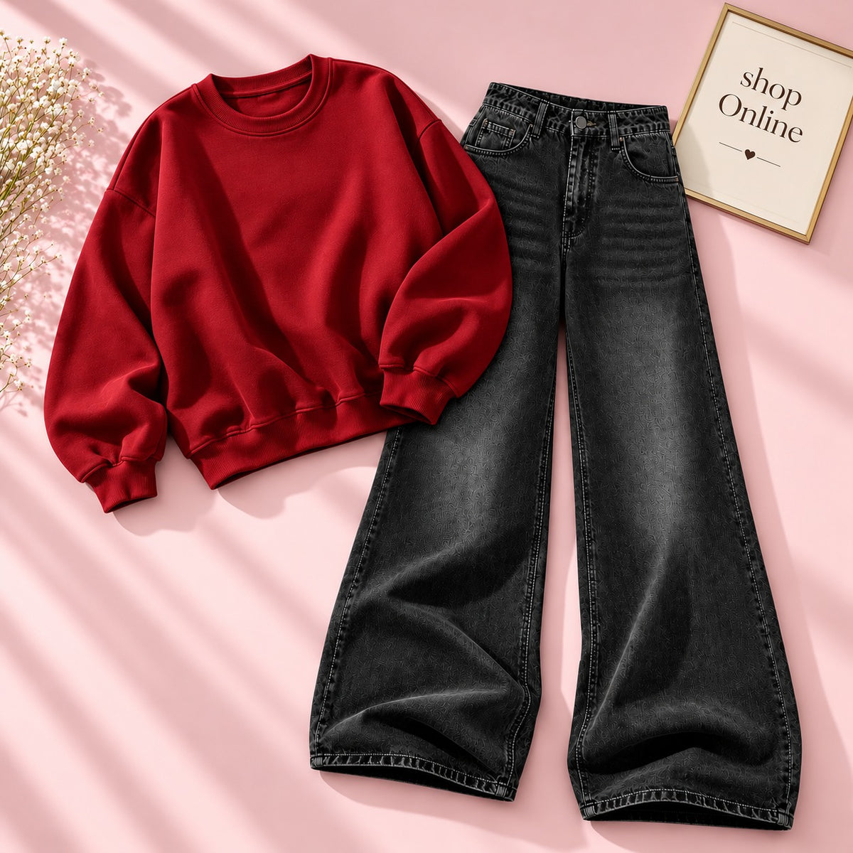 Red Sweatshirt With Black Vintage Faded Jeans