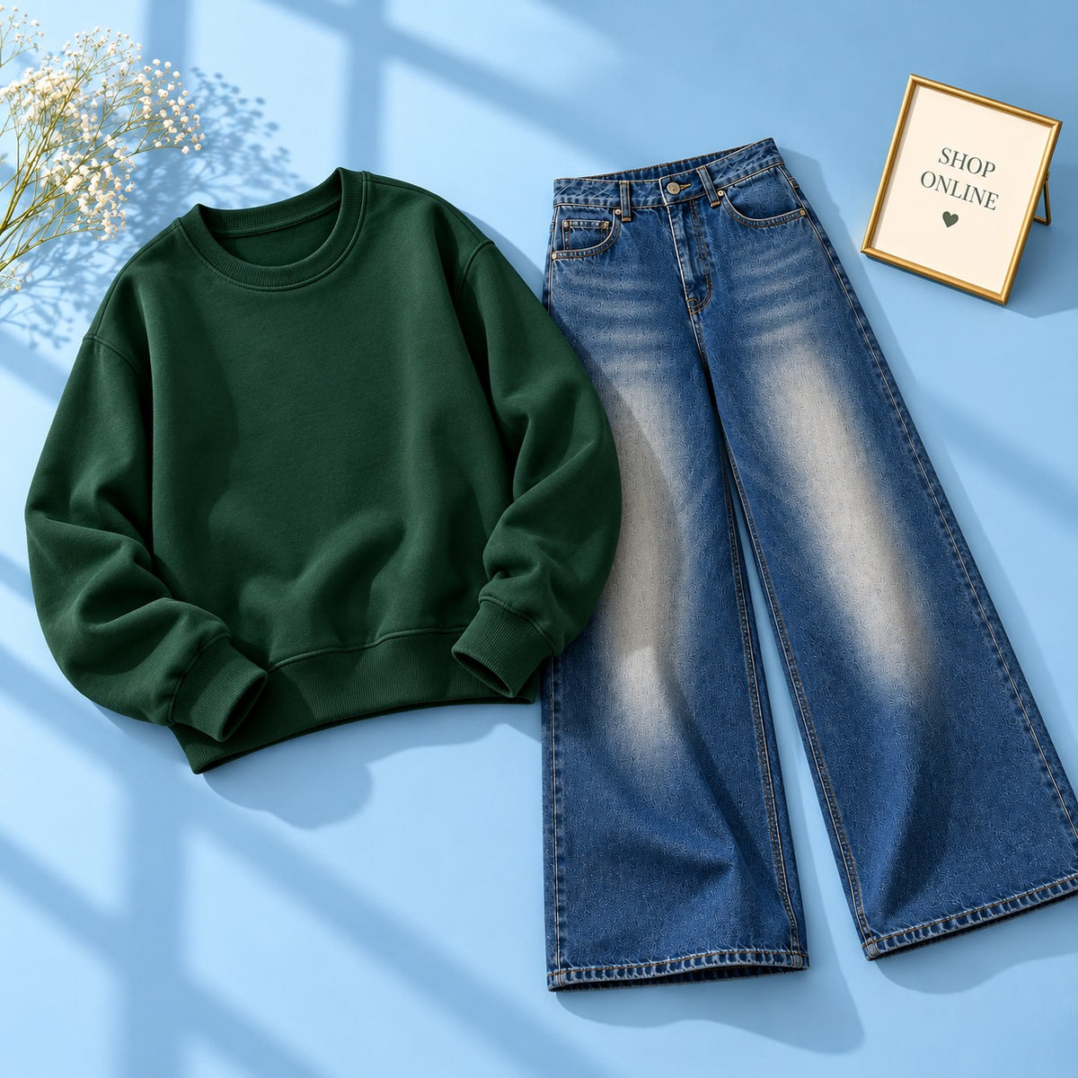 Green Sweatshirt With Vintage Dark Blue Faded Jeans