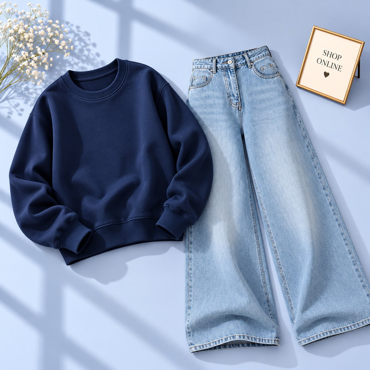 Navy Blue Sweatshirt With Vintage Ice Blue Jeans