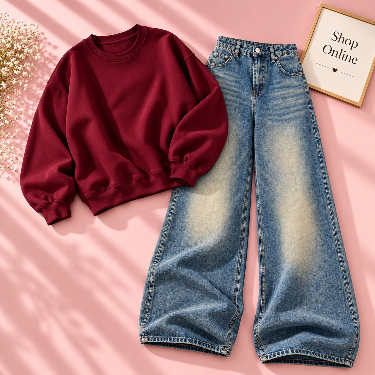 Maroon Sweatshirt With Vintage Sky Blue Faded Jeans (Copy)