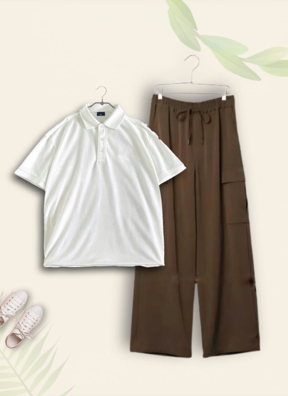 WHITE POLO WITH BROWN CARGO TROUSER