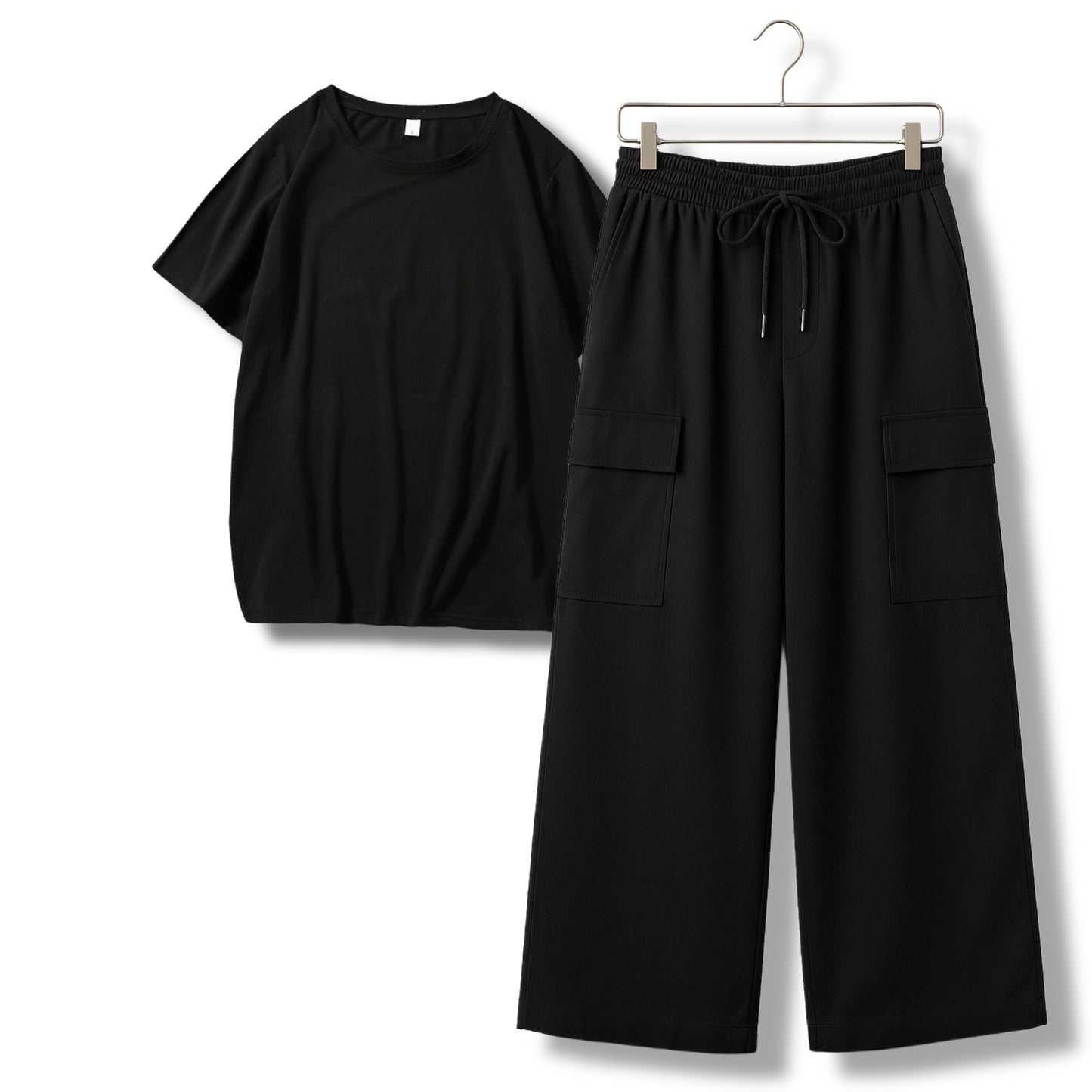 BLACK TSHIRT WITH BLACK CARGO TROUSER