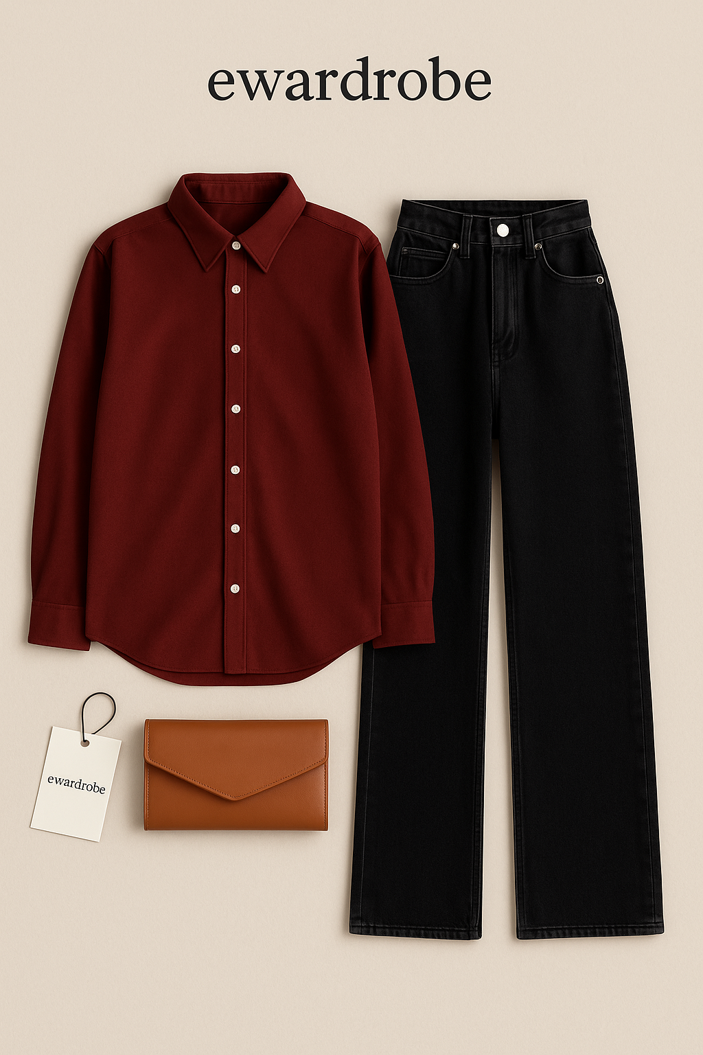 MAROON BUTTON DOWN SHIRT WITH BLACK WIDE LEG JEANS