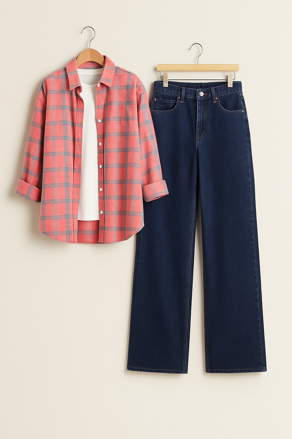 PINK GREY CHECK SHIRT WITH INNER AND MID BLUE WIDE LEG JEANS