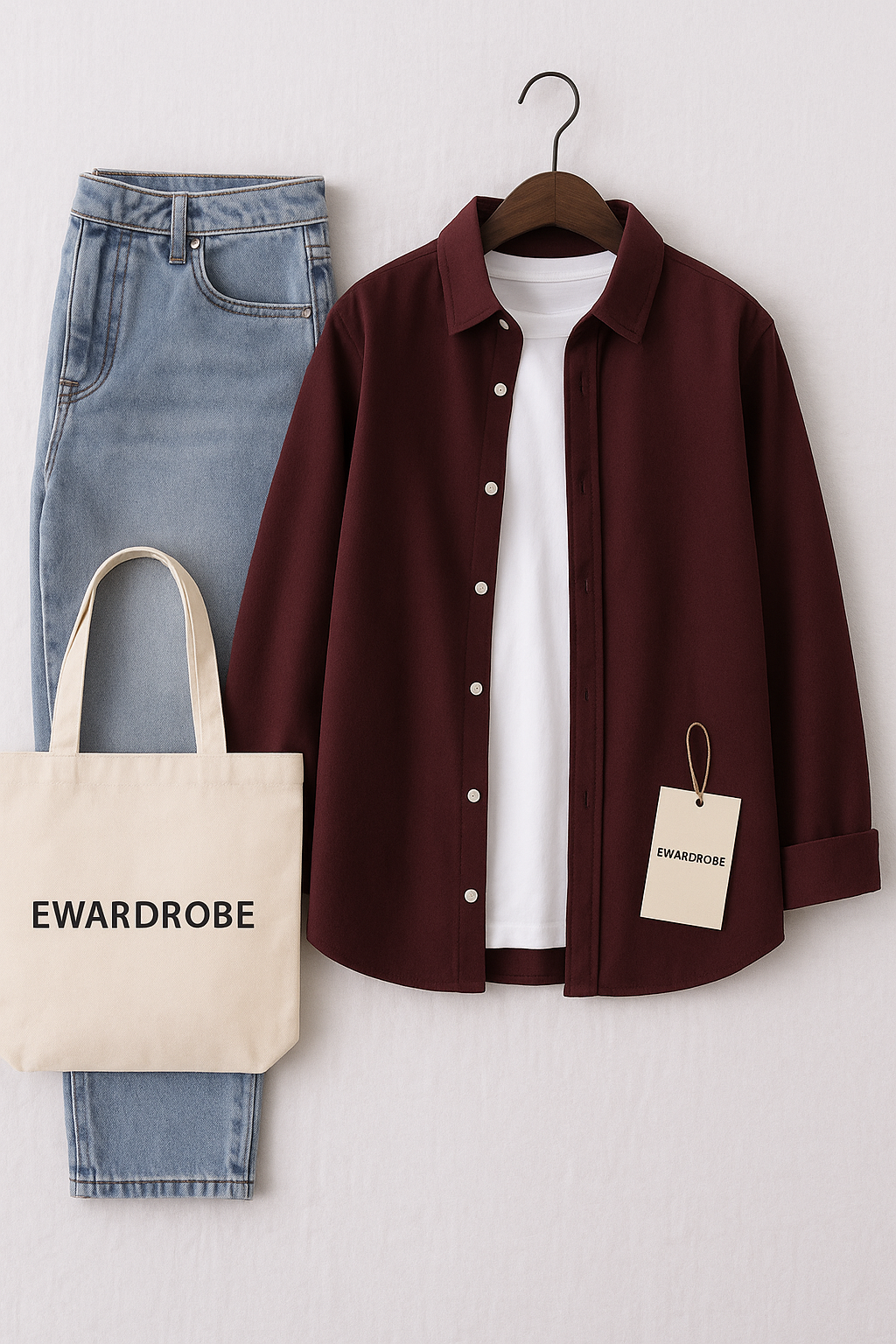 MAROON BUTTON DOWN SHIRT WITH ICE BLUE MOM JEANS WITH INNER