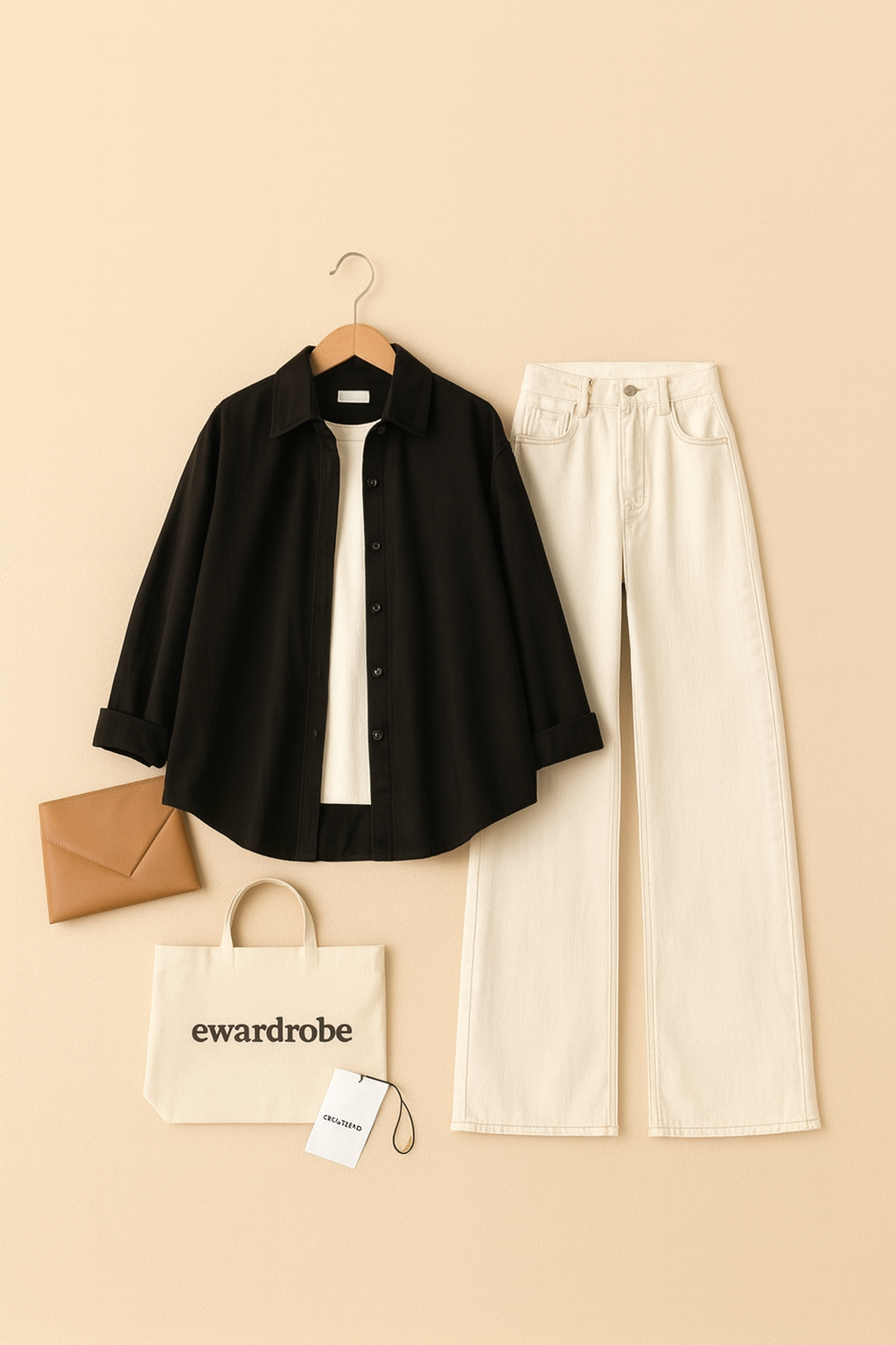 BLACK BUTTON DOWN SHIRT WITH WHITE WIDE LEG JEANS AND INNER