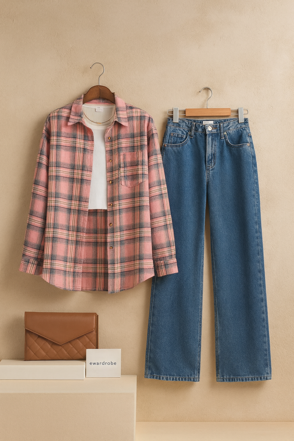 PINK BLACK CHECK SHIRT WITH SKY BLUE WIDE LEG AND WHITE TANK TOP