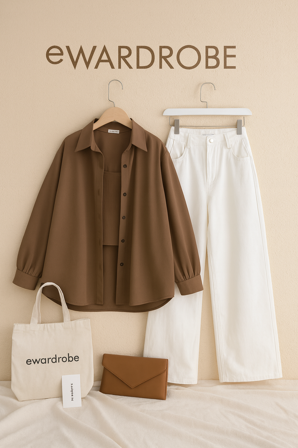 COFEE BROWN BUTTON SHIRT WITH WHITE WIDE LEG JEANS COMBO