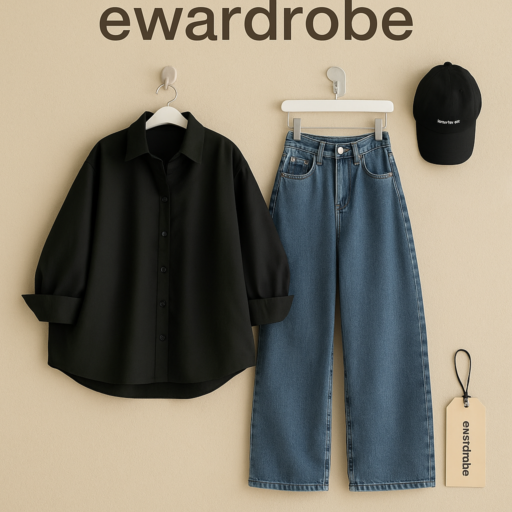 BLACK BUTTON SHIRT WITH SKY BLUE WIDE LEG JEANS COMBO