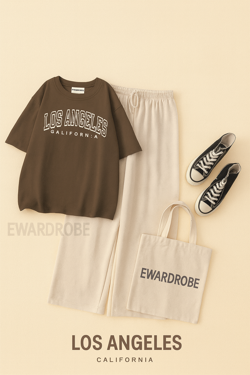 BROWN TSHIRT LOS ANGLES WITH BEIGE FLAPPER