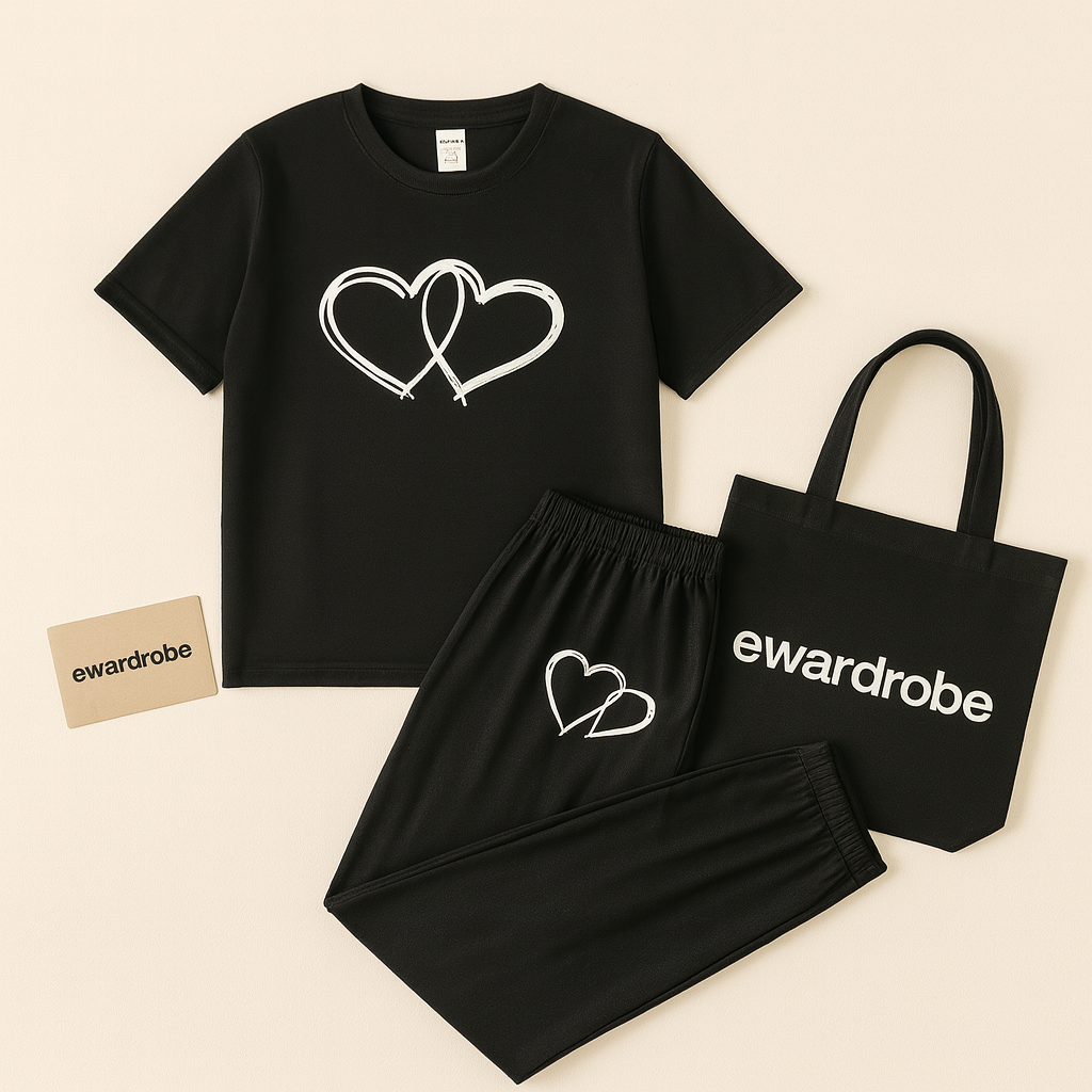 BLACK TSHIRT HEART IN HEART WITH BLACK TROUSER HEART IN HEART POCKET