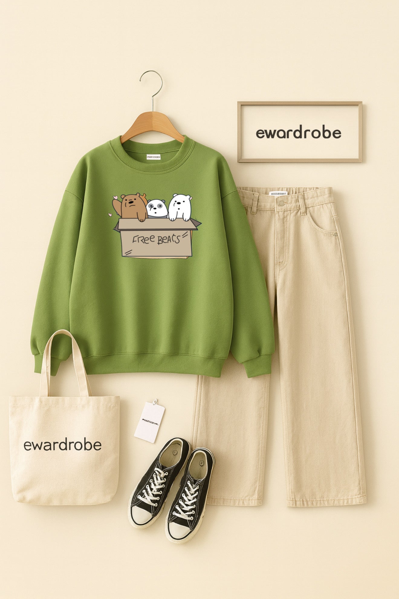 FREE BEAR OLIVE GREEN SWEATSHIRT WITH BEIGE WIDE LEG JEANS