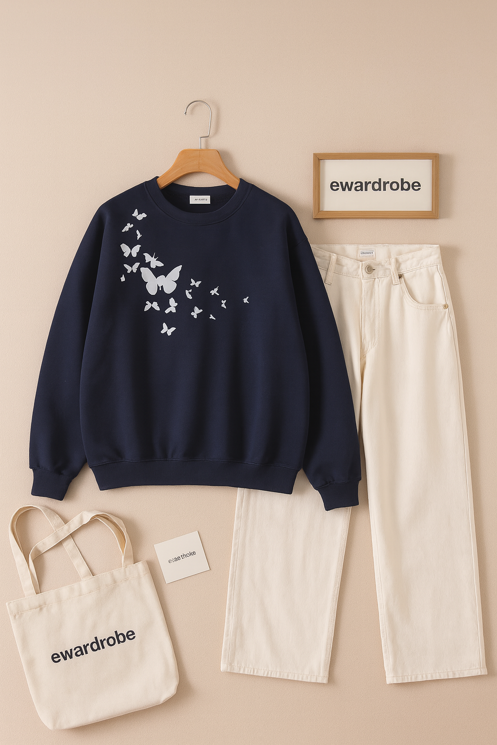 SHOULDER BUTTERFLY NAVY BLUE SWEATSHIRT WITH WHITE WIDE LEG JEANS