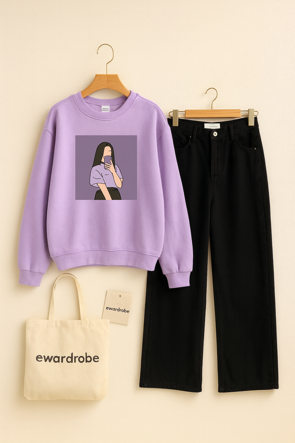 PURPLE BACKGROUND LILAC SWEATSHIRT WITH BLACK WIDE LEG JEANS