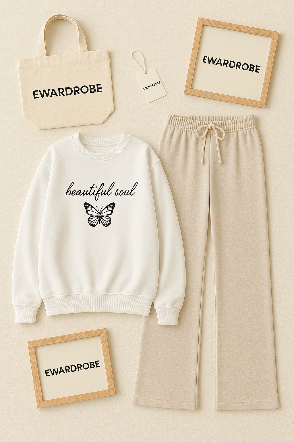 BEAUTIFUL SOUL WHITE SWEATSHIRT WITH BEIGE FLAPPER