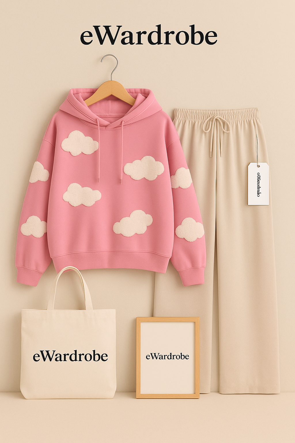 PINK HOODIE CLOUDS ALL OVER WITH BEIGE FLAPPER