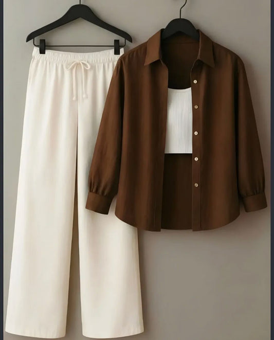 BROWN BUTTON SHIRT WITH WHITE FLAPPER AND WHITE TANK TOP