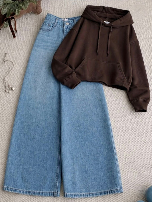BROWN CROP HOODIE WITH SKY BLUE WIDE LEG JEANS